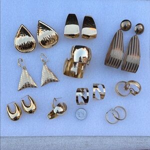 Vintage Mod Lot of 10 Pair of Gold Tone Metal Earrings